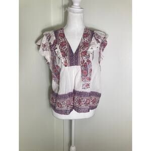 Bell White with Pink and Lavendar Block Print Top Sz M